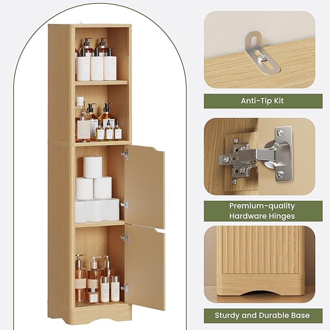67" Tall Bathroom Organizer and Storage, Narrow Storage Cabinet with 2 Doors and 4 Shelves, Freestanding Floor Storage Unit,15.7" W x 11.8" D x 66.9" H, Nature