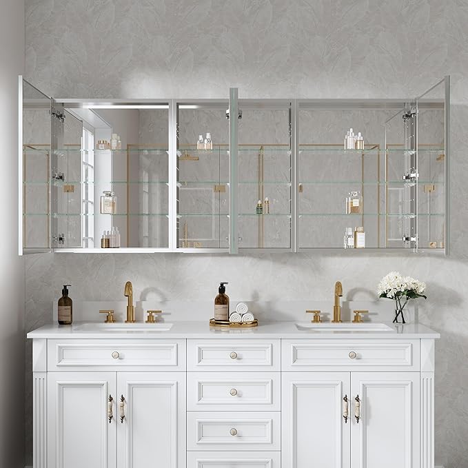 WELLFOR 72" x 30" Rectangle Medicine Cabinet Mirror, Surface Mount or Recessed Medicine Cabinet with Tempered Mirror, Anodized Chrome Aluminum Frame, Bathroom Mirror with Storage