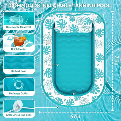 Inflatable Tanning Pool Lounger Float with Cervical Pillow - Pool Floats Adult for Sunbathing, Backyard, Pool Party - Inflate Ball Pit for Babies - Kids Swimming Pool Bed