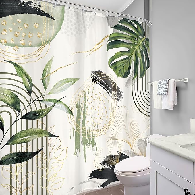 Grey Green Boho Shower Curtain 72Wx78H Long Tropical Palm Leaves Abstract Modern Bohemian Minimalist Gold Leaf Mid Century Bathroom Decor Botanical Bath Curtain Fabric Polyester 12 Pack Hooks
