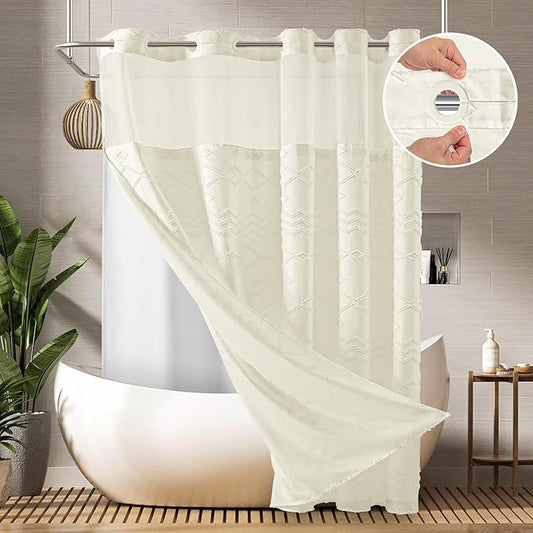 No Hooks Required Boho Farmhouse Shower Curtain Tufted Chevron Striped with Snap in Liner - 72W x 80H, Water Resistant Hotel Grade Spa Like Bathroom Curtain Set, Beige