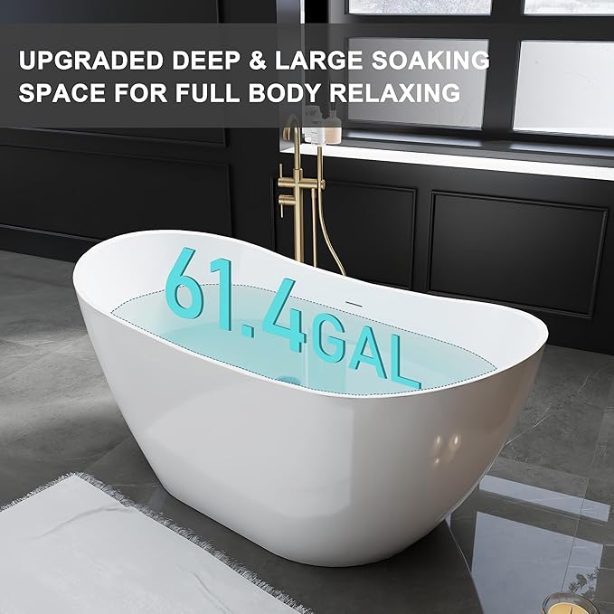 60" Acrylic Freestanding Bathtubs, High-back Stand Alone Tub, Soaking Tubs for Bathroom, Integrated Overflow and Drain, cUPC Certified, Gloss White