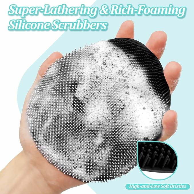 Silicone Back Scrubber & Soft Bath Glove 2PCS, 16''- 21''Extendable Back Scrubber with Dual-Side Large Head, 360° Anti-Slip Hand-fit Silicone Body Scrubber for Rich Foaming Deep Cleaning(Black)