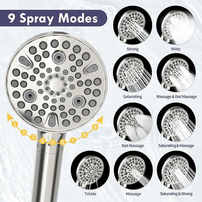 HOWUWEY Filtered Dual Shower Head with Handheld Spray Combo for Hard Water, 7.5-inch Modern High Pressure Shower Head with 9-mode Handheld and Filter, 79-inch Hose (Filtered, Brushed Nickel)