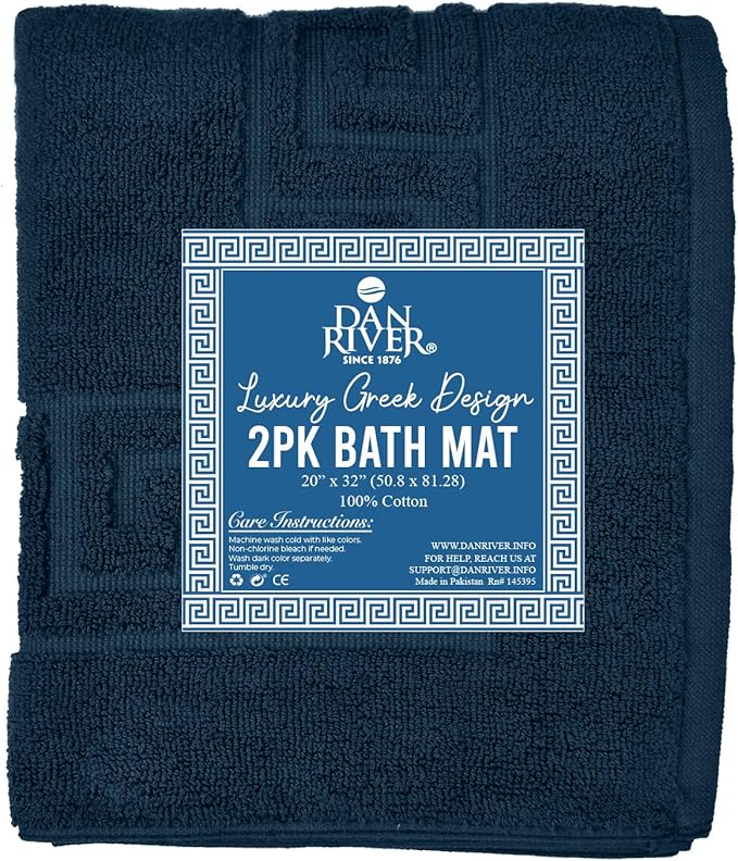 DAN RIVER Greek Cotton Bath Mats Set of 2 – Not a Bathroom Rug, Ultra Soft, Highly Absorbent & Machine Washable Bath Mat Towel for Bathroom Floor Mat – Durable, Quick-Dry, 21x34 Inches, Blue Opal