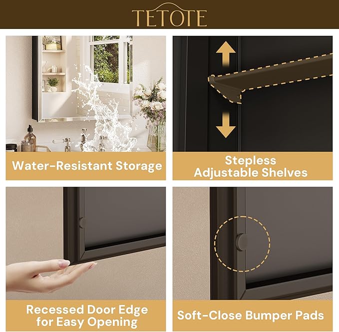 TETOTE 20 x 28 Bathroom Mirror with Storage with Tempered Beveled Mirror Black Medicine Cabinet Aluminum Cabinet DTC Hinges, Stepless Adjustable Shelves, Recessed/Surface-Mounted