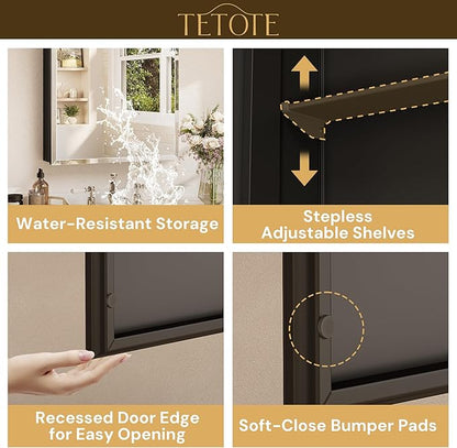 TETOTE 14 x 18 Medicine Cabinet with Tempered Beveled Mirror Black Mirrored Medicine Cabinets for Bathroom Aluminum Cabinet DTC Hinges, Stepless Adjustable Shelves, Recessed/Surface-Mounted