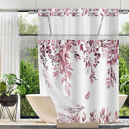 No Hook Shower Curtain and Liner Set, Dark Red Eucalyptus Floral Shower Curtains for Bathroom, Bath Curtain Sets with Snap in Liner, Waterproof with See Through Top Window, 71x77 Inches