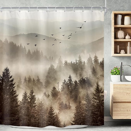 Riyidecor Foggy Mountain Shower Curtain 72Wx72H Inch Nature Abstract Scenery Pine Tree Rustic Misty Woodland Alpine Modern Landscape Natural Bathroom Decor Fabric Polyester Waterproof 12 Pack Hooks