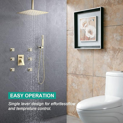 Rain Shower System, 16 Inch Ceiling Mounted Shower Faucet, Shower Combo Set with Rain Shower, Handheld Shower Head, 6 Massage Body Sprays and Pressure Balance Valve Kit