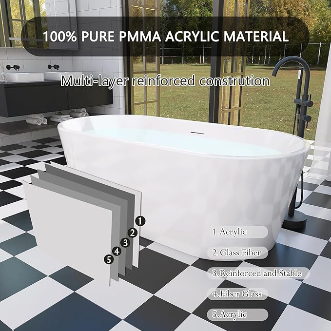 67" Free Standing Tub, Pure Acrylic Freestanding Bathtub, Stylish Stand Alone Tub, Contemporary Deep Soaking Bath Tub, cUPC Certified SY1570 (Glossy White)