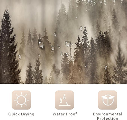 Riyidecor Foggy Mountain Shower Curtain 72Wx72H Inch Nature Abstract Scenery Pine Tree Rustic Misty Woodland Alpine Modern Landscape Natural Bathroom Decor Fabric Polyester Waterproof 12 Pack Hooks