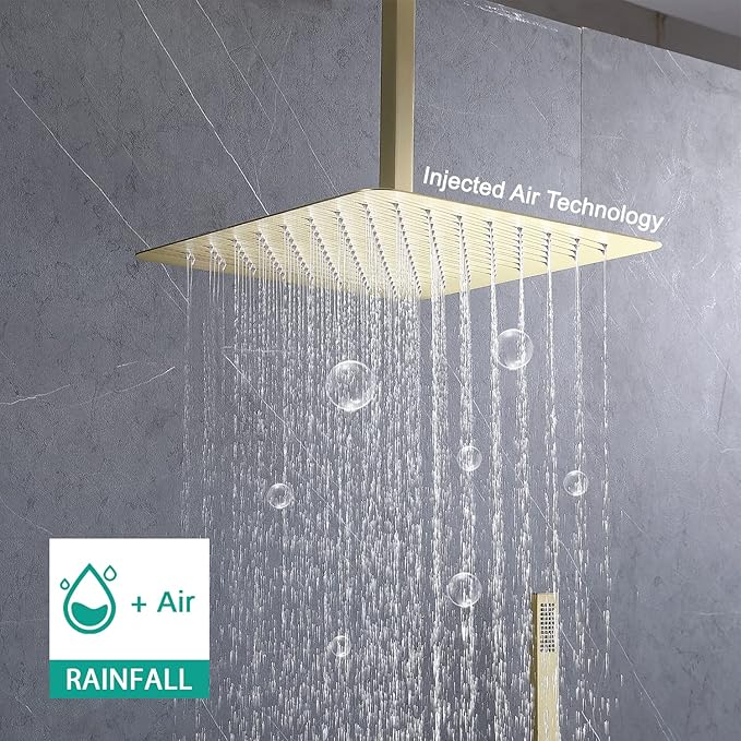 Rain Shower System, 16 Inch Ceiling Mounted Shower Faucet, Shower Combo Set with Rain Shower, Handheld Shower Head, 6 Massage Body Sprays and Pressure Balance Valve Kit