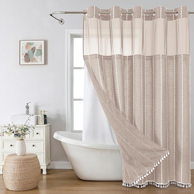 No Hook Extra Long Shower Curtain Set with Snap-in Liner,Linen Textured Thick Striped Fabric with Tassels,Boho Chic Modern Farmhouse Bathroom Curtain,Water-Repellent,Tan/Taupe,71x86