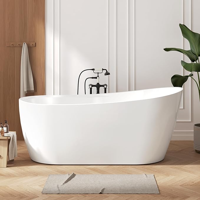 FerdY Lana'i 67" Freestanding Bathtub, Gracefully Shaped Freestanding Soaking tub, Glossy White, cUPC Certified, Brushed Nickel Drain Assembly Included