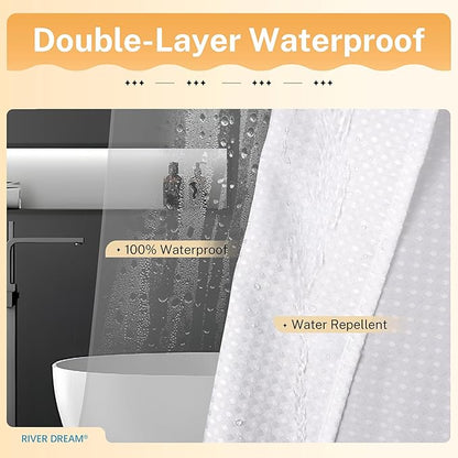 River Dream Extra Long Waffle 3 in 1 Shower Curtain Set, White Fabric Shower Curtain and Clear Liner Set with Double Sided Hooks, Waterproof, 72" W*84" H