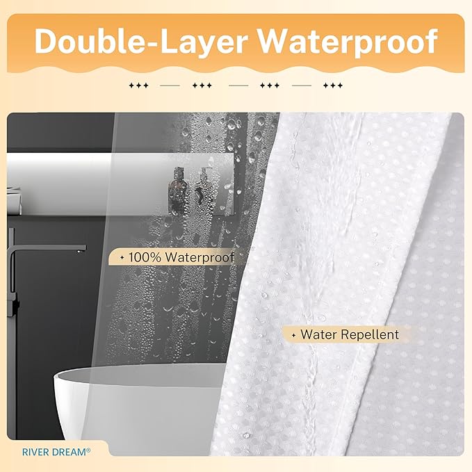 River Dream Stall Waffle 3 in 1 Shower Curtain Set, White Fabric Shower Curtain and Clear Liner Set, with Double Sided Hooks, Waterproof, 36" W*72" H