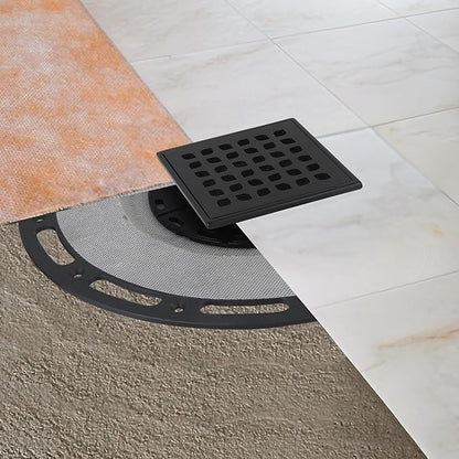 Square Shower Drain, 4-Inch Matte Black Kit with Bonding Flange, Removable Stainless Steel Grate & Hair Strainer, Fits 2" & 3" Pipes for Tiled Floors