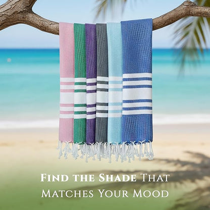 Turkish Cotton Beach Towel Pack of 6 & 1 Boho Tote Bag - Hammam Towels - No Shrink - Quick Dry - Lightweight - Sand Free - Camping - Pool - Tanning - Beach Essentials - Green (40"x70")