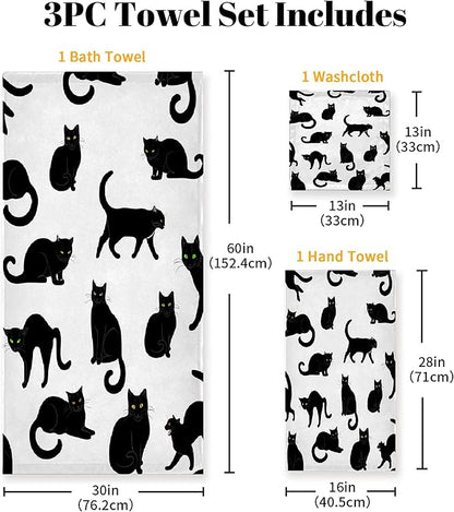Black Cats 3 Piece Towel Bathroom Sets, 1 Bath Towel, 1 Washcloth, 1 Hand Towel, Cotton Fast Dry Soft Absorbent Towel Set for Home Kitchen Family