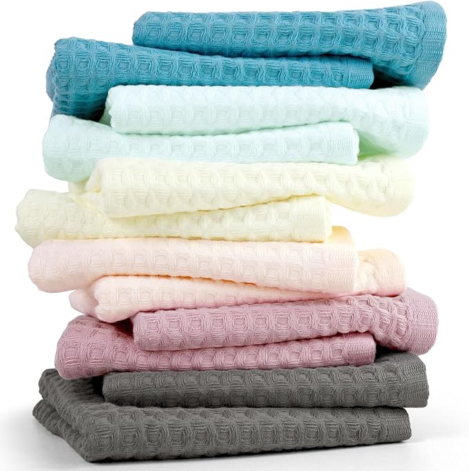 Cleanbear Waffle Wash Cloths Set of 12, Cotton Washcloths for Body and Face, 13” x 13”, 6 Assorted Colors