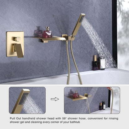 Taplong Wall Mount Tub Faucet with Waterfall Tub Spout Tub Faucet Set Wall Mounted Bathtub Faucet with Handheld Sprayer Brushed Gold Modern Bathroom Tub Filler Rough-In Valve Included-91266BG