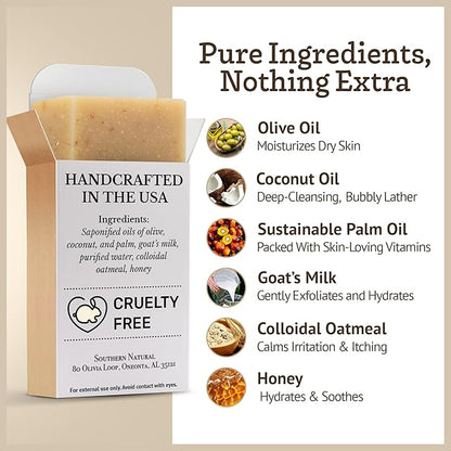 Southern Natural Oatmeal Soap Bar (3 Pack) Unscented Goat Milk Soap Bars With Colloidal Oatmeal & Honey. For Dry, Sensitive Skin. Fragrance Free Cleanser