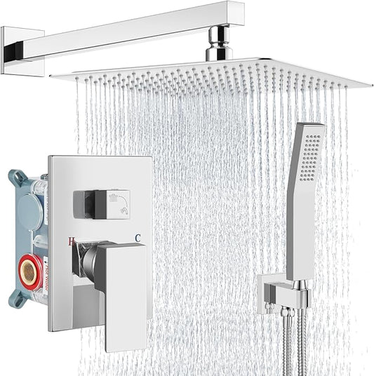 Aolemi Shower Faucet Set Rain Shower System with Handheld Spray Bathroom Shower Combo Rough-in Valve and Shower Trim Kit Included Polish Chrome 16 Inch Wall Mount Shower Head