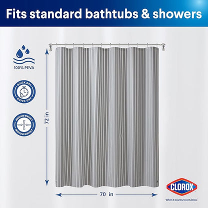 CLOROX Shower Curtain Liner, Premium Striped Medium-Weight Durable Waterproof 6g PEVA for Bathroom with Weighted Magnets, Printed Standard Size 72" x 72", Grey