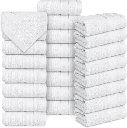 Casa Lino Face Towels & Body Wash Cloths for Showering - 100% Cotton Wash Cloths for Bathroom - Highly Absorbent & Quick Drying Washcloth Set - Cotton Washcloths 24 Pack (12" x 12") - (White)