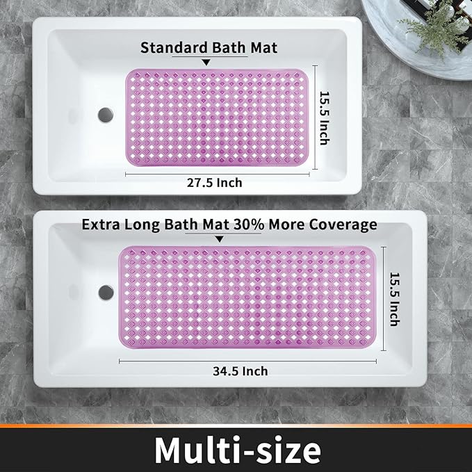 Yimobra Bathtub Mat Non Slip, Super Strong Suction Cups, 27.5"x15.5" Long Shower Mat with Drain Holes, Machine Washable Fast Draining Bath Mats, Bathroom Essentials,Clear Purple