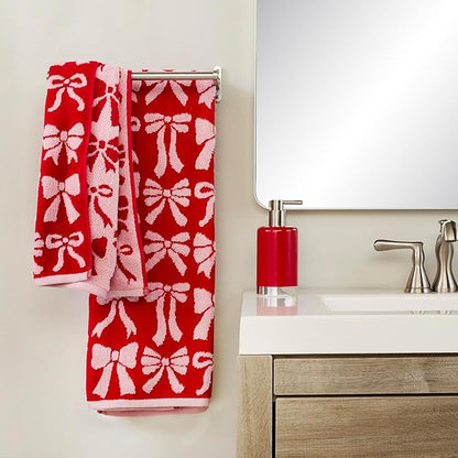 SKL Home Bow Jacquard 100% Cotton Premium 2-Piece Hand Towel Set, 500 GSM, Reversible, Soft & Absorbent, Everyday/Christmas/Winter/Valentine's, Decorative for Bath/Kitchen/Bar, Red/Pink