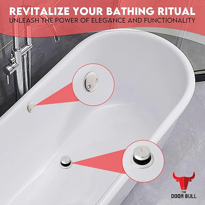 Tip-Toe Bathtub Drain Trim Kit with Two-Hole Overflow Faceplate – All Brass Tub Drain Stopper Replacement – Fits Fine or Coarse Thread Drain Shoe – Universal Tub Drain Assembly