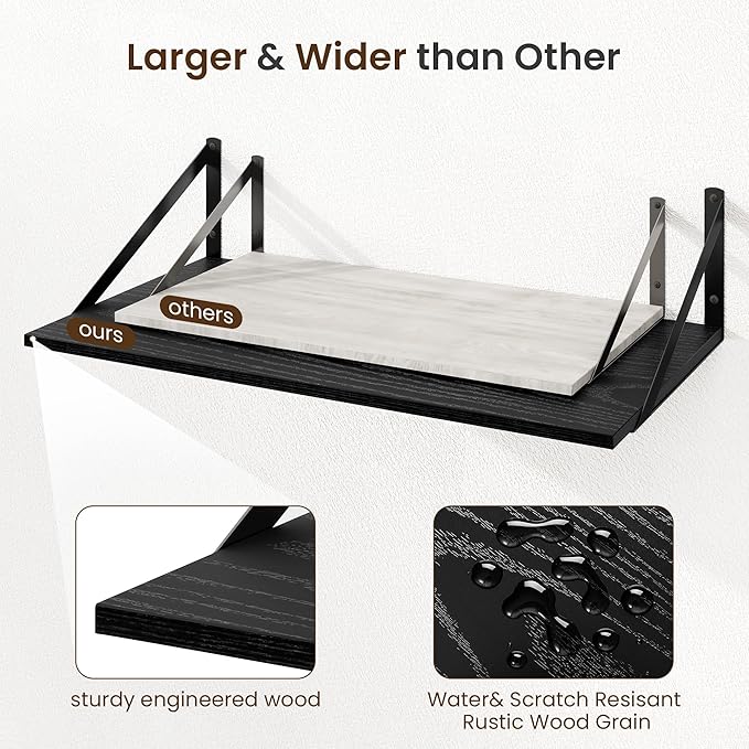Fun Memories Floating Shelves for Wall, 12 Inch Deep Floating Shelves Set of 2, 48W x 12D Large Wall Shelf with Sturdy Metal Brackets for Living Room, Bathroom, Bedroom and Kitchen, Black