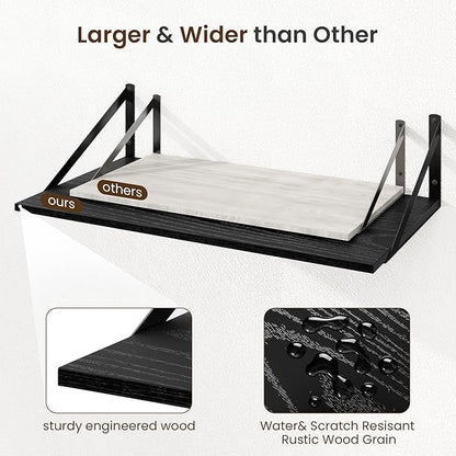 Fun Memories Floating Shelves for Wall, 12 Inch Deep Floating Shelves Set of 2, 16W x 12D Large Wall Shelf with Sturdy Metal Brackets for Living Room, Bathroom, Bedroom and Kitchen, Black