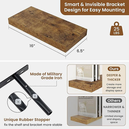 fuqing Floating Shelves for Wall, Wall Mounted Wood Floating Shelf with Invisible Brackets for Living Room, Bathroom, Bedroom, Kitchen Storage and Decor, 16 Inch Set of 2, Rustic Brown
