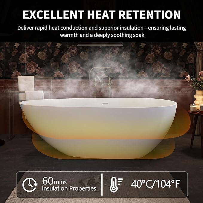 Abruzzo 67“ Solid Surface Freestanding Bathtub, Egg Shell Shaped Stone Resin Freestanding Tubs, Contemporary Oval Soaking Tubwith Overflow in Matte White, cUPC Certified