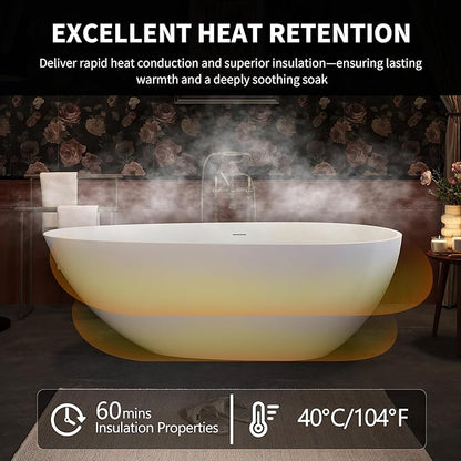 Abruzzo 67“ Solid Surface Freestanding Bathtub, Egg Shell Shaped Stone Resin Freestanding Tubs, Contemporary Oval Soaking Tubwith Overflow in Matte White, cUPC Certified
