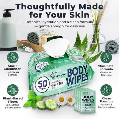 Body Wipes for Women, Extra Moist No Rinse Bathing – 50 XL Shower Cloths + 4 Travel Bath Sheets, 10" x 11.5" Disposable Washcloths for Women’s Hygiene and Post Workout Cleanup