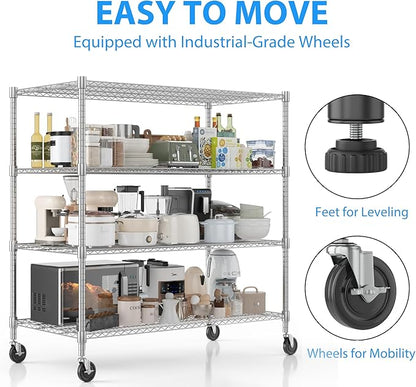 Homdox Heavy Duty Metal Shelves for Storage, 4 Tier Storage Racks and Shelving, Commercial Adjustable Wire Shelving Unit on Wheels, Garage Rack Pantry Shelves Kitchen Shelving, 24"x60"x72", Chrome