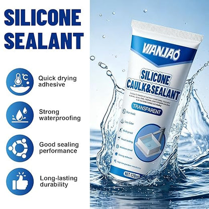2PCS Clear Caulking Silicone Waterproof, Silicone Sealant Waterproof Clear High Efficiency Long-Lasting for Bathroom Glass Partitions Wash Basins Bathtubs Kitchen Countertops Corner, 2 * 120ml