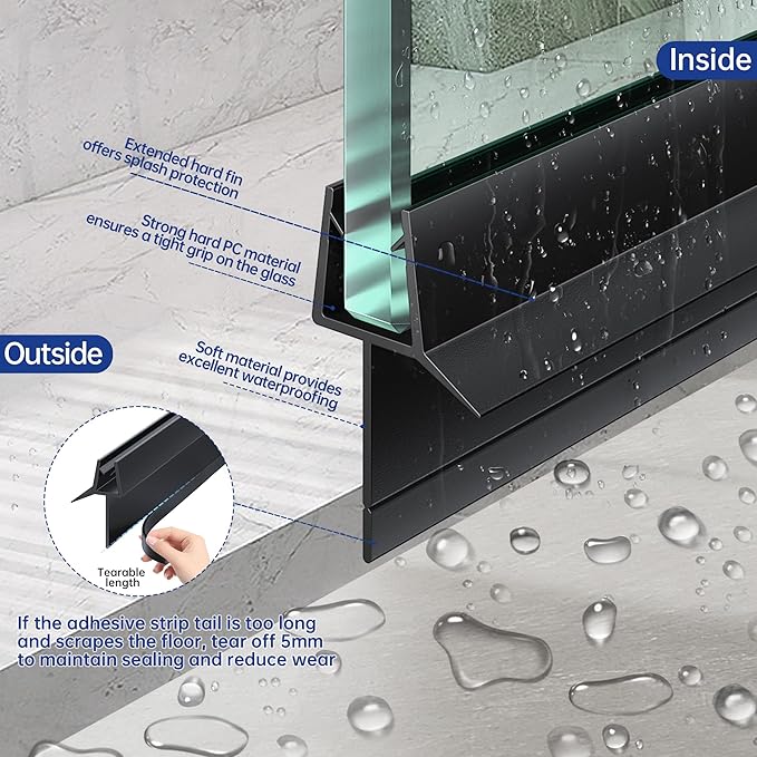 2-Pack Frameless Shower Door Bottom Seal (3/8" X 39") Clear Glass Seal Strip Shower Door Sweep - Stop Shower Leaks, Black