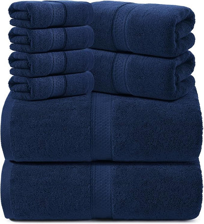 REDKISS Luxury 100% Cotton 8 Piece Bath Towel Sets, 2 Bath Sheets (35x70 in), 2 Hand, 4 Washcloths, Super Absorbent & Quick-Dry Shower Towel for Bathroom Spa Gym Hotel Yoga - Blue