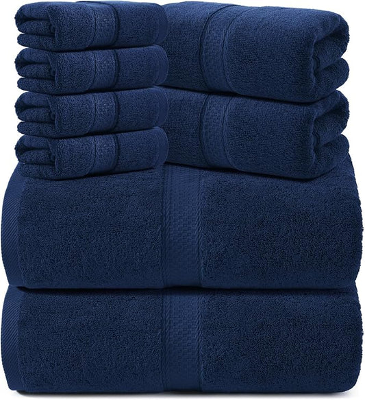 REDKISS Luxury 100% Cotton 8 Piece Bath Towel Sets, 2 Bath Sheets (35x70 in), 2 Hand, 4 Washcloths, Super Absorbent & Quick-Dry Shower Towel for Bathroom Spa Gym Hotel Yoga - Blue