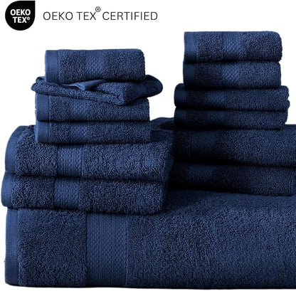 LANE LINEN 100% Ringspun Cotton Premium Turkish Bath Towel Set, 18Cs - 4 Bath Towels, 8 Washcloths, 6 Hand Towels for Bathroom - Eco Friendly & Gentle on Skin, Oeko-Tex Certified - Navy Blue