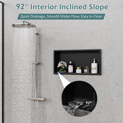 Shower Niche No Tile Needed, 12" X 24"(Outside Size 13.4"X25.4") Bathroom Niche for Shower Wall, Black Stainless Steel Wall Cabinet Insert for Bathroom, Recessed 2-Tier Shelf