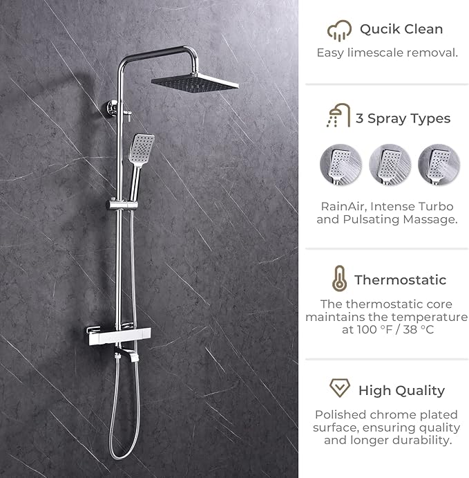 Shower Faucet Set 8" Square Shower Head 3 Function Thermostatic Rainfall Shower Faucet Set Handheld Sprayer Tub Spout Polished Chrome with Height Adjustable Slide Bar