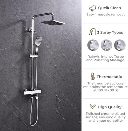 Shower Faucet Set 8" Square Shower Head 3 Function Thermostatic Rainfall Shower Faucet Set Handheld Sprayer Tub Spout Polished Chrome with Height Adjustable Slide Bar