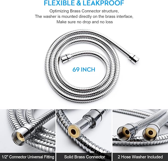 Shower Hose, 69 Inches Extra Long Stainless Steel Handheld Shower Head Hose with Brass Insert and Nut - Durable and Flexible(Chrome)
