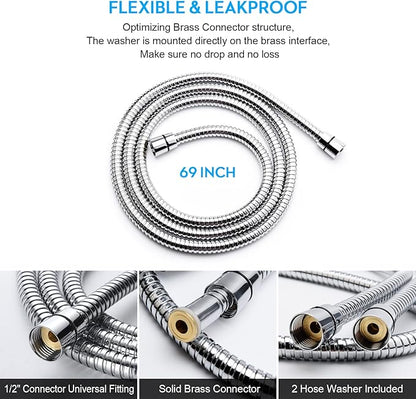 Shower Hose, 69 Inches Extra Long Stainless Steel Handheld Shower Head Hose with Brass Insert and Nut - Durable and Flexible(Chrome)